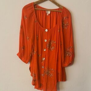 Fig and Flower Vibrant Orange Button-Down Blouse